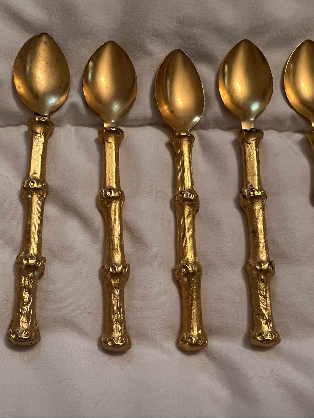 Unique  Set of 5 Polished Gold Demitasse Spoons Bamboo Handle Heavy Metal
